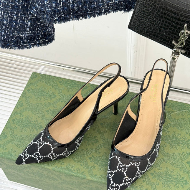 GG HIGH SLINGBACK 8.5 CM IN BLACK CLASSIC POINTED-TOE MESH WITH RHINESTONE EMBELLISHMENTS