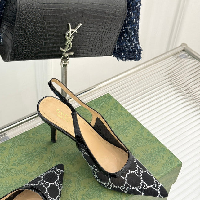 GG HIGH SLINGBACK 8.5 CM IN BLACK CLASSIC POINTED-TOE MESH WITH RHINESTONE EMBELLISHMENTS