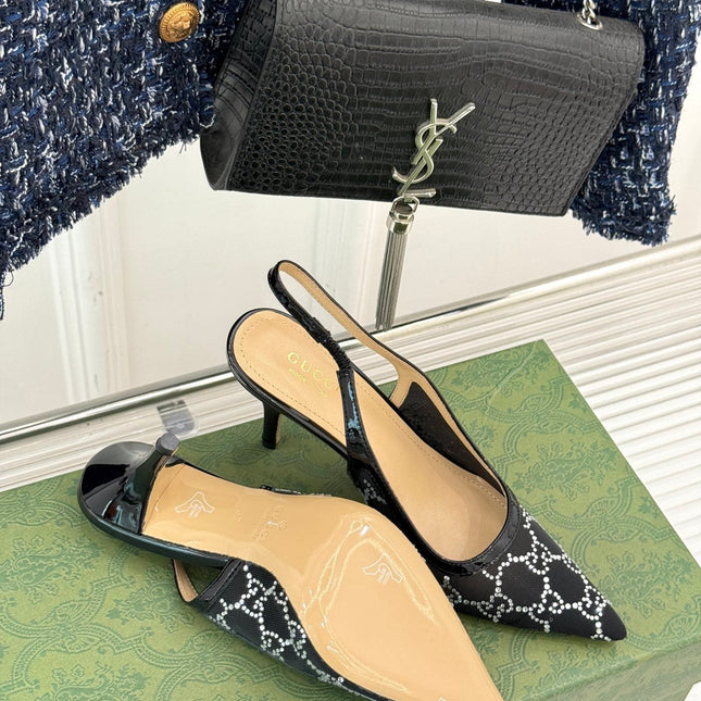 GG HIGH SLINGBACK 8.5 CM IN BLACK CLASSIC POINTED-TOE MESH WITH RHINESTONE EMBELLISHMENTS