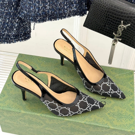 GG HIGH SLINGBACK 8.5 CM IN BLACK CLASSIC POINTED-TOE MESH WITH RHINESTONE EMBELLISHMENTS
