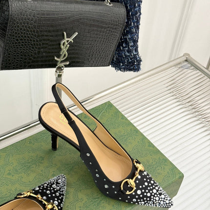 HIGH SLINGBACK 8.5 CM IN BLACK FABRIC WITH RHINESTONE EMBELLISHMENTS