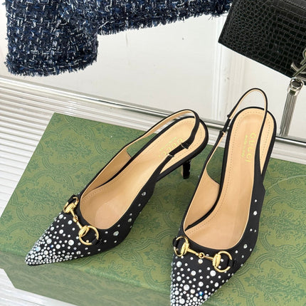 HIGH SLINGBACK 8.5 CM IN BLACK FABRIC WITH RHINESTONE EMBELLISHMENTS