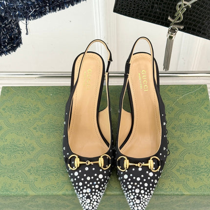 HIGH SLINGBACK 8.5 CM IN BLACK FABRIC WITH RHINESTONE EMBELLISHMENTS