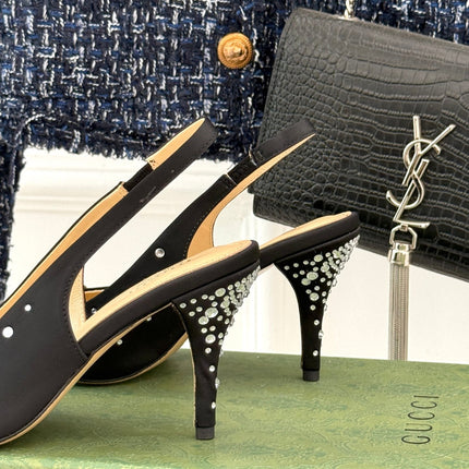 HIGH SLINGBACK 8.5 CM IN BLACK FABRIC WITH RHINESTONE EMBELLISHMENTS