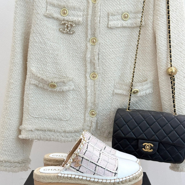 CC MULES 25SS 30 MM IN WHITE LAMBSKIN MIX PASTEL PINK TWEED