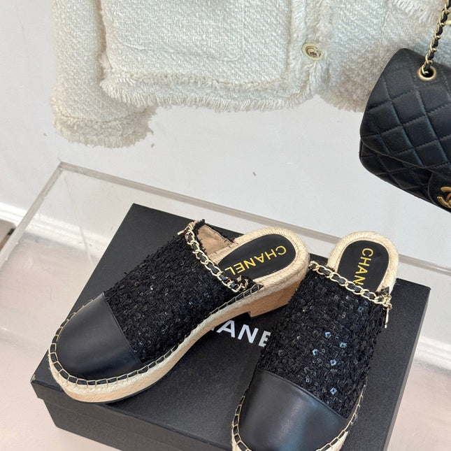 CC MULES 25SS 30 MM IN BLACK LAMBSKIN MIX TWEED