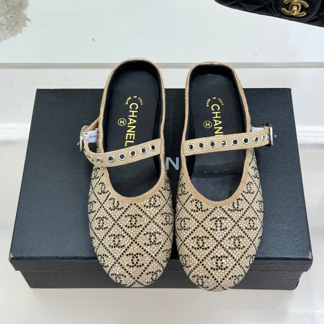 CC FLAT MULES 25SS IN BEIGE EMBELLISHED WITH RHINESTONES