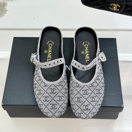 CC FLAT MULES 25SS IN GREY EMBELLISHED WITH RHINESTONES
