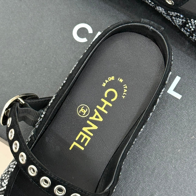 CC FLAT MULES 25SS IN BLACK EMBELLISHED WITH RHINESTONES