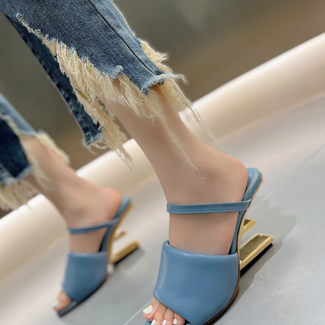 FENDI BAGUETTE HIGH-HEEL SANDALS 8 CM IN CERULEAN BLUE CALFSKIN