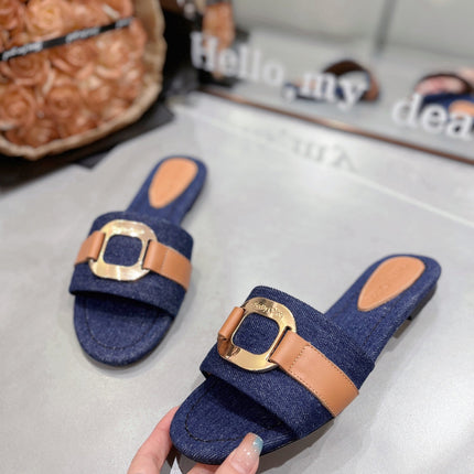 SLIDE MULE IN NAVY BLUE DENIM AND BROWN CALFSKIN GOLD HARDWARE