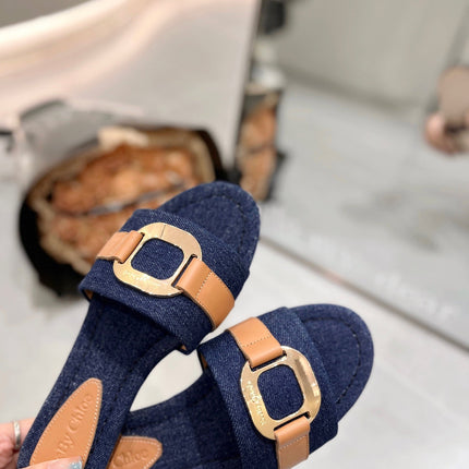 SLIDE MULE IN NAVY BLUE DENIM AND BROWN CALFSKIN GOLD HARDWARE