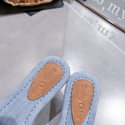 SLIDE MULE IN LIGHT BLUE DENIM AND BROWN CALFSKIN GOLD HARDWARE