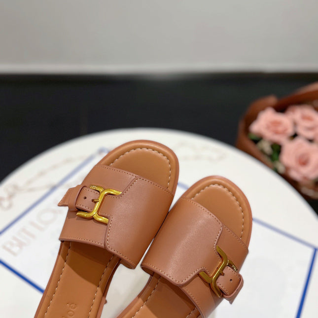 MARCIE SLIDE IN BRONZE BROWN CALFSKIN WITH GOLD HARDWARE