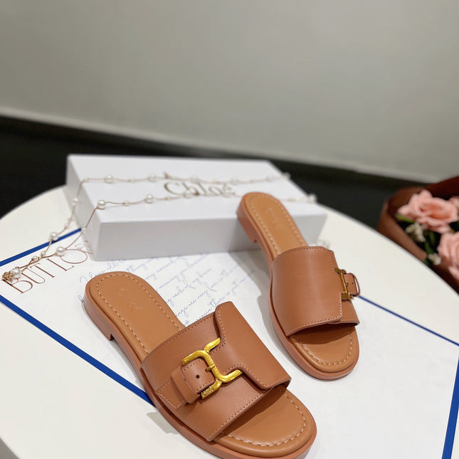 MARCIE SLIDE IN BRONZE BROWN CALFSKIN WITH GOLD HARDWARE