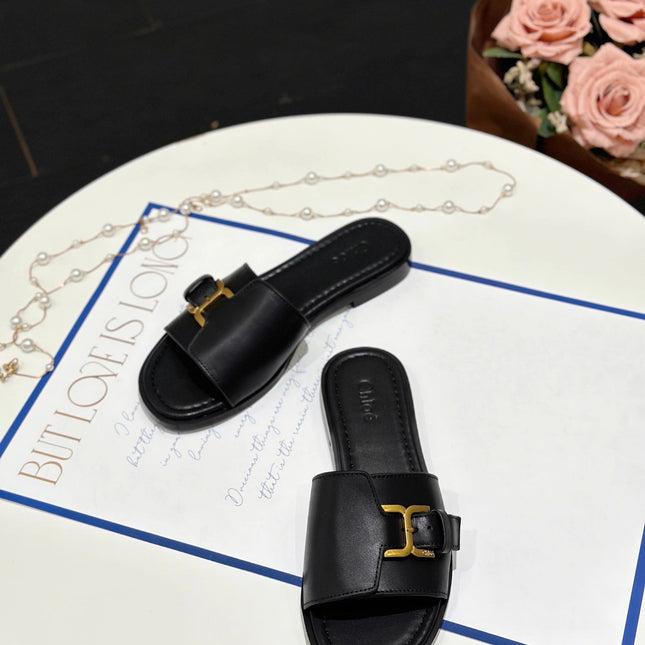 MARCIE SLIDE IN BLACK CALFSKIN WITH GOLD HARDWARE