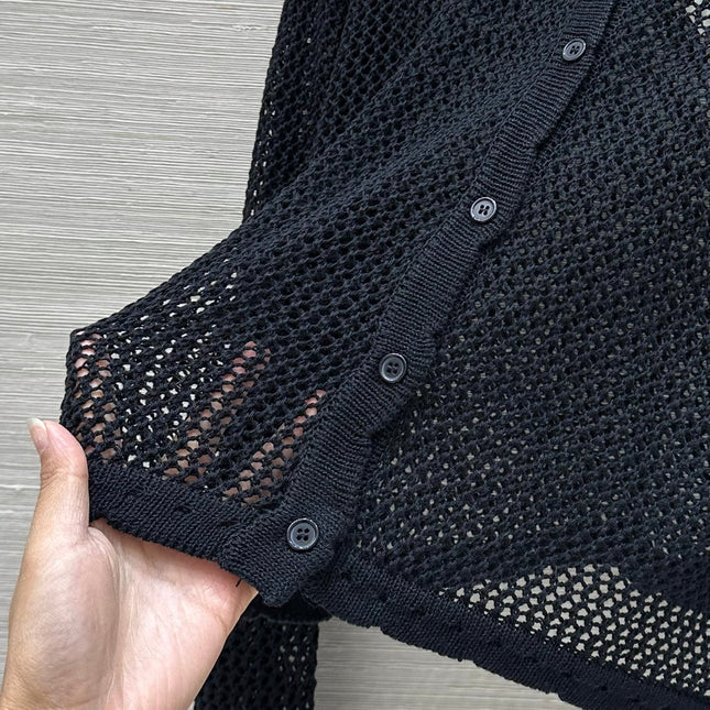 Loewe 25 Mesh Hollow Knitted Cardigan Black Wool