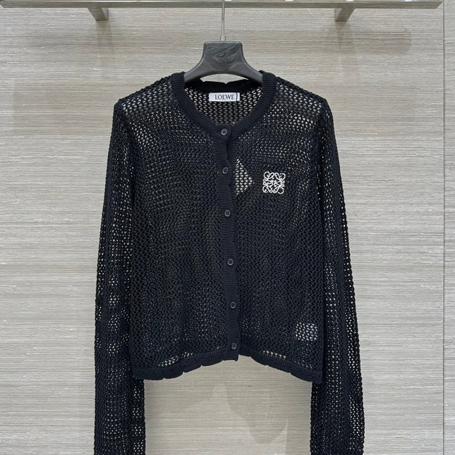 Loewe 25 Mesh Hollow Knitted Cardigan Black Wool