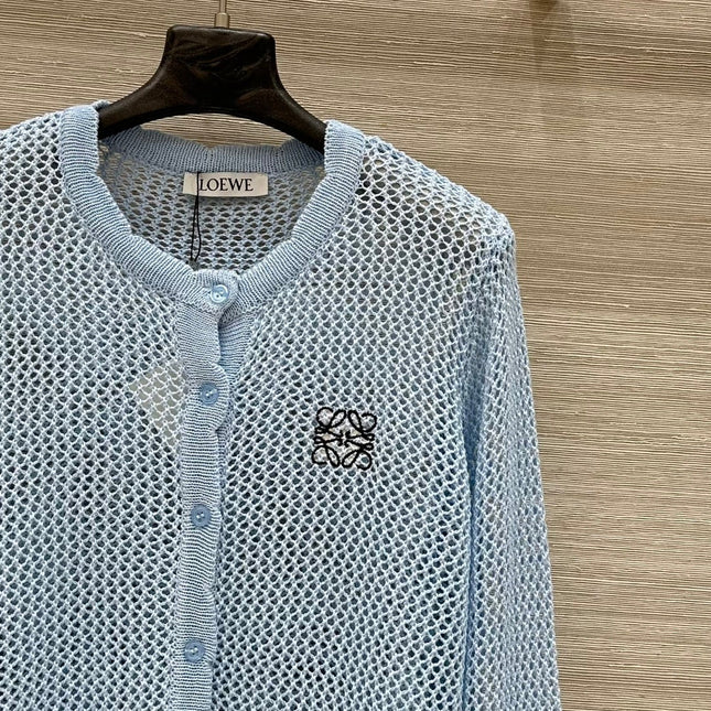 Loewe 25 Mesh Hollow Knitted Cardigan Blue Wool