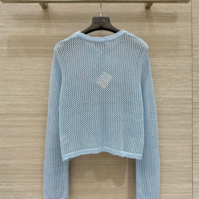 Loewe 25 Mesh Hollow Knitted Cardigan Blue Wool