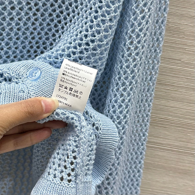 Loewe 25 Mesh Hollow Knitted Cardigan Blue Wool
