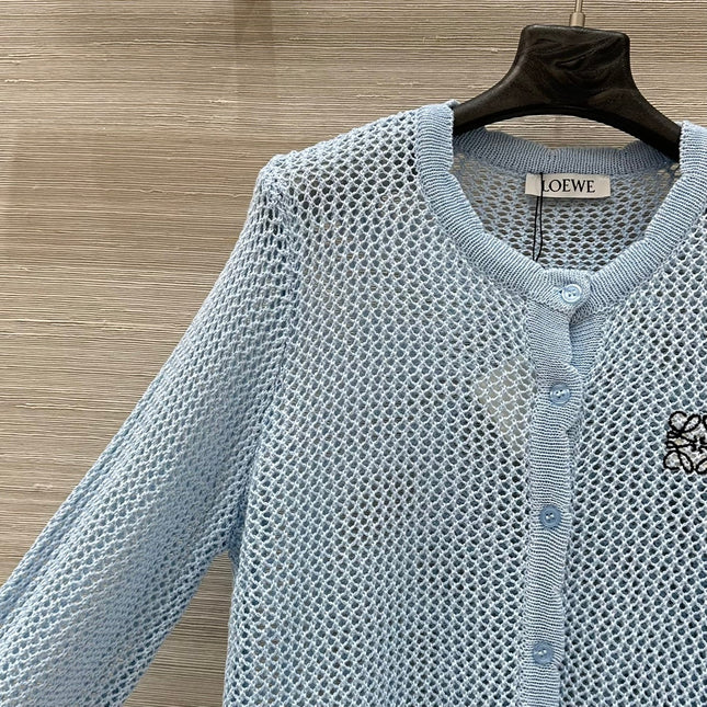 Loewe 25 Mesh Hollow Knitted Cardigan Blue Wool