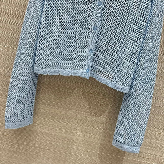 Loewe 25 Mesh Hollow Knitted Cardigan Blue Wool