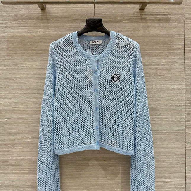 Loewe 25 Mesh Hollow Knitted Cardigan Blue Wool