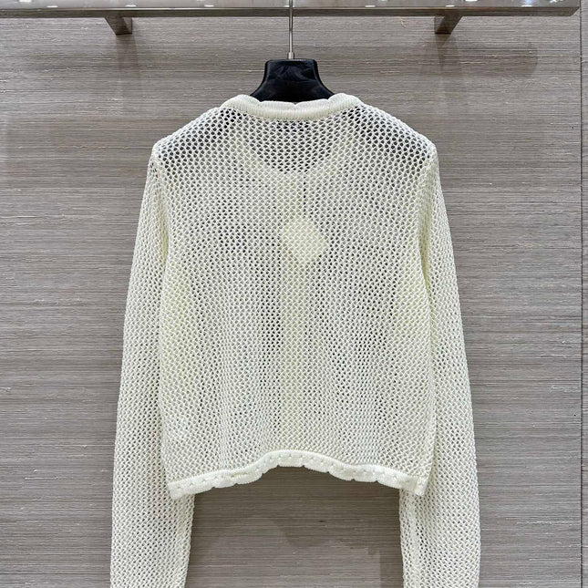 Loewe 25 Mesh Hollow Knitted Cardigan Ivory Wool