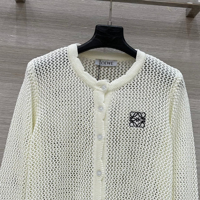 Loewe 25 Mesh Hollow Knitted Cardigan Ivory Wool