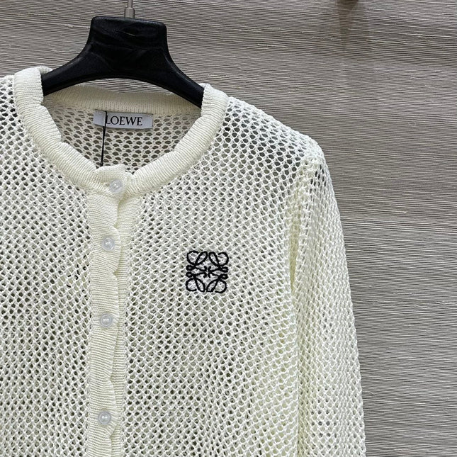 Loewe 25 Mesh Hollow Knitted Cardigan Ivory Wool