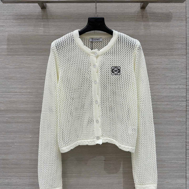 Loewe 25 Mesh Hollow Knitted Cardigan Ivory Wool