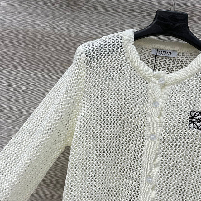 Loewe 25 Mesh Hollow Knitted Cardigan Ivory Wool