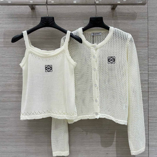 Loewe 25 Mesh Hollow Knitted Cardigan Ivory Wool