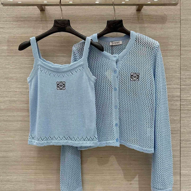 Loewe 25 Mesh Hollow Knitted Cardigan Blue Wool
