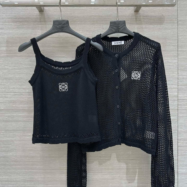 Loewe 25 Mesh Hollow Knitted Cardigan Black Wool