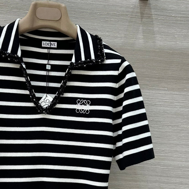 Loewe 25 Striped Knitted Polo Short-sleeved Top Black Tencel