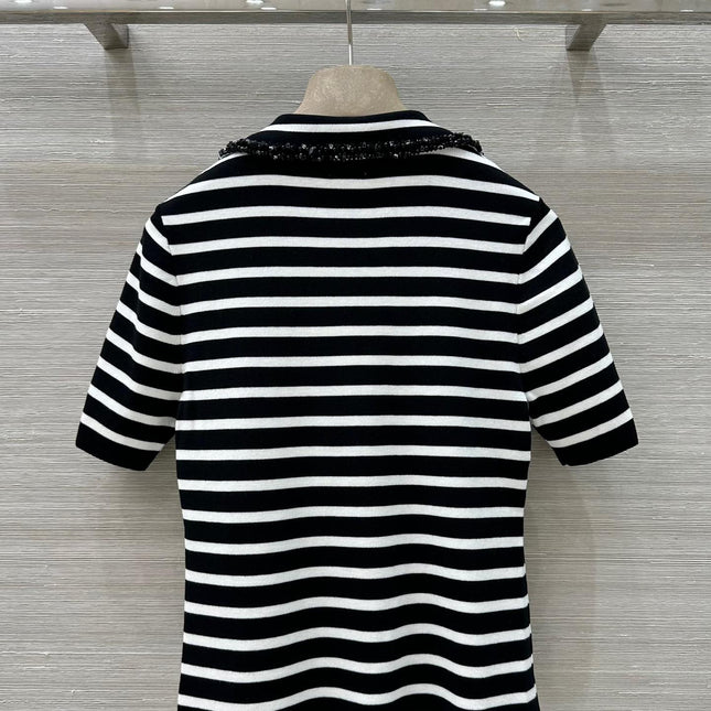 Loewe 25 Striped Knitted Polo Short-sleeved Top Black Tencel