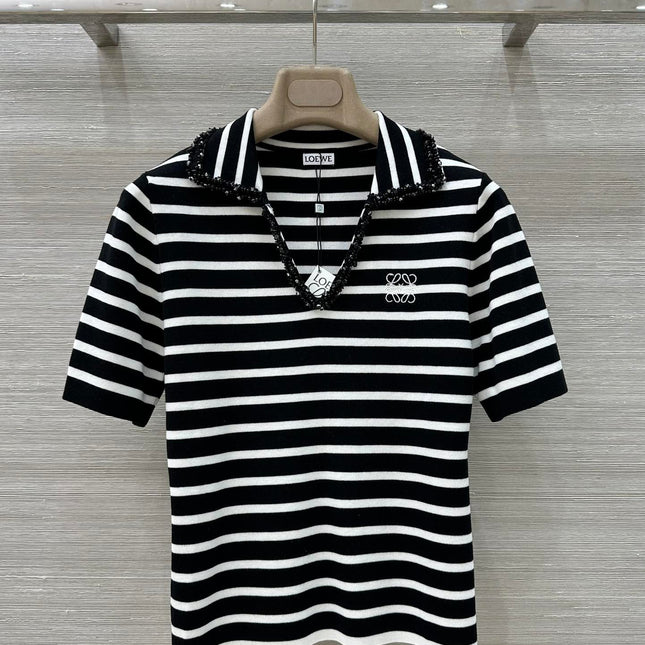 Loewe 25 Striped Knitted Polo Short-sleeved Top Black Tencel
