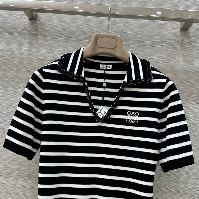 Loewe 25 Striped Knitted Polo Short-sleeved Top Black Tencel