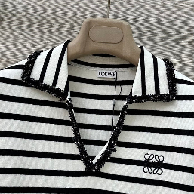 Loewe 25 Striped Knitted Polo Short-sleeved Top White Tencel