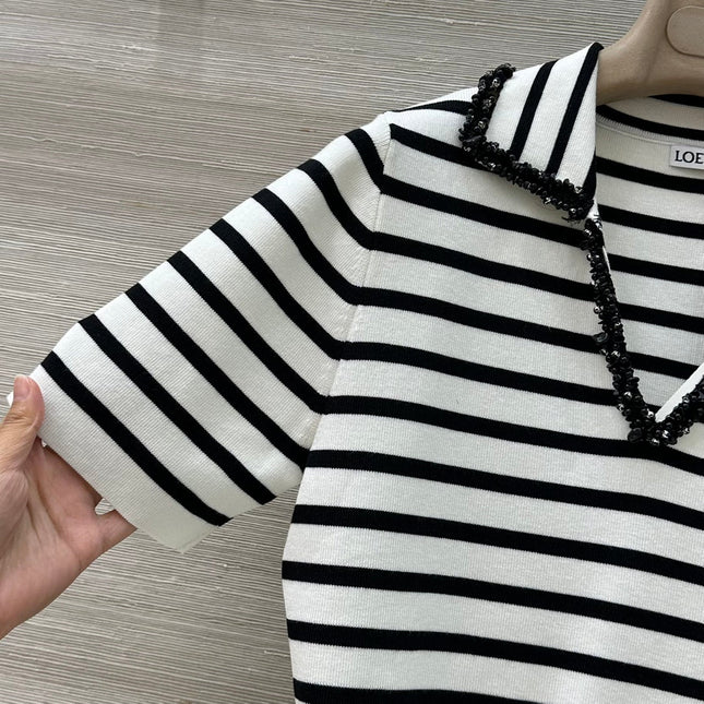 Loewe 25 Striped Knitted Polo Short-sleeved Top White Tencel