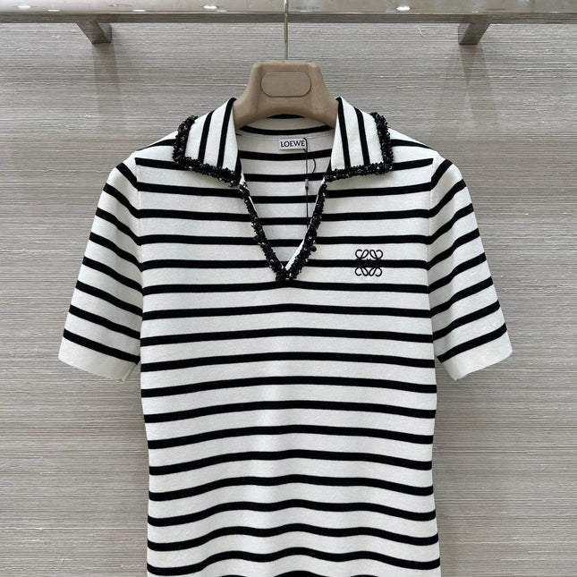 Loewe 25 Striped Knitted Polo Short-sleeved Top White Tencel
