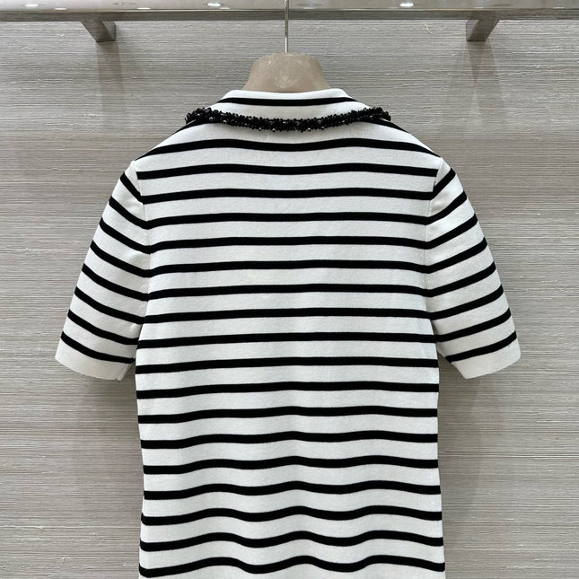 Loewe 25 Striped Knitted Polo Short-sleeved Top White Tencel