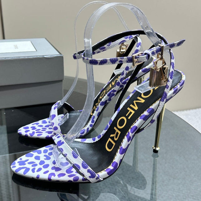 PADLOCK POINTY SANDAL 10 CM IN WHITE MIX IRIS PURPLE CALFSKIN