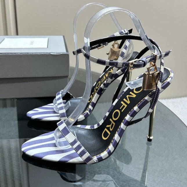 PADLOCK POINTY NAKED SANDAL 10 CM IN WHITE MIX IRIS PURPLE CALFSKIN