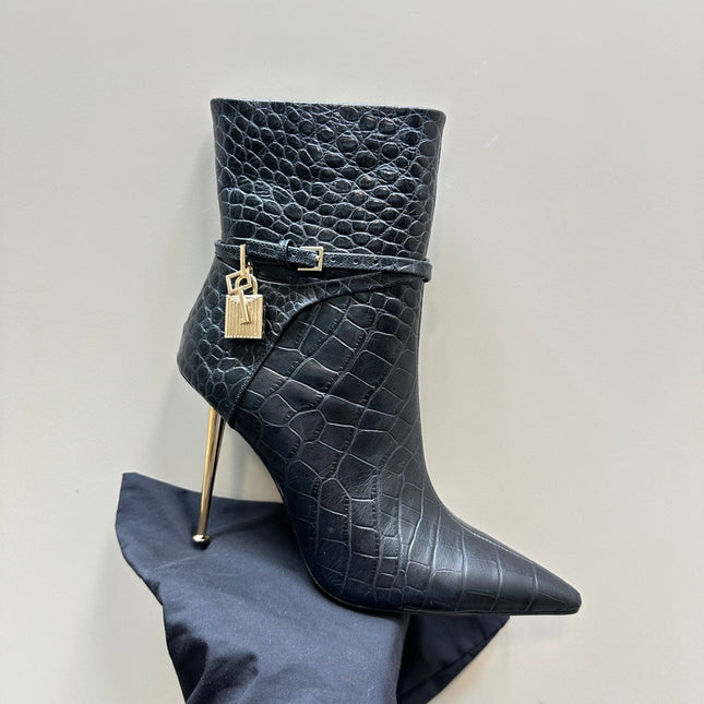 PADLOCK 10 CM ANKLE BOOTS IN BLACK CROCODILE-EMBOSSED CALFSKIN