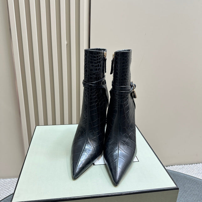 PADLOCK 10 CM ANKLE BOOTS IN BLACK CROCODILE-EMBOSSED CALFSKIN