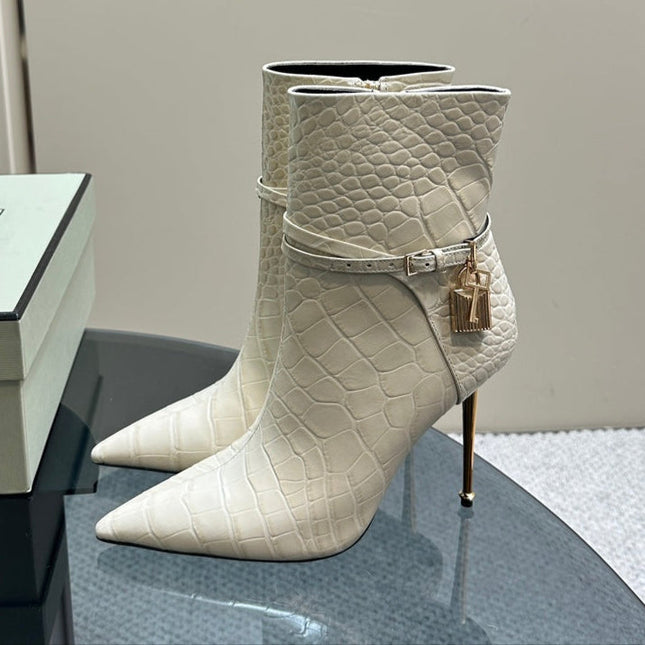 PADLOCK 10 CM ANKLE BOOTS IN WHITE CROCODILE-EMBOSSED CALFSKIN
