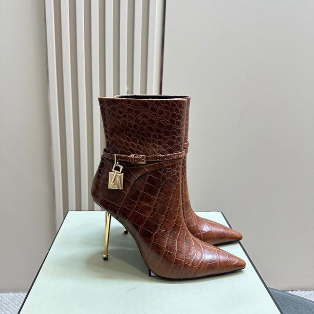 PADLOCK 10 CM ANKLE BOOTS IN PENNY BROWN CROCODILE-EMBOSSED CALFSKIN
